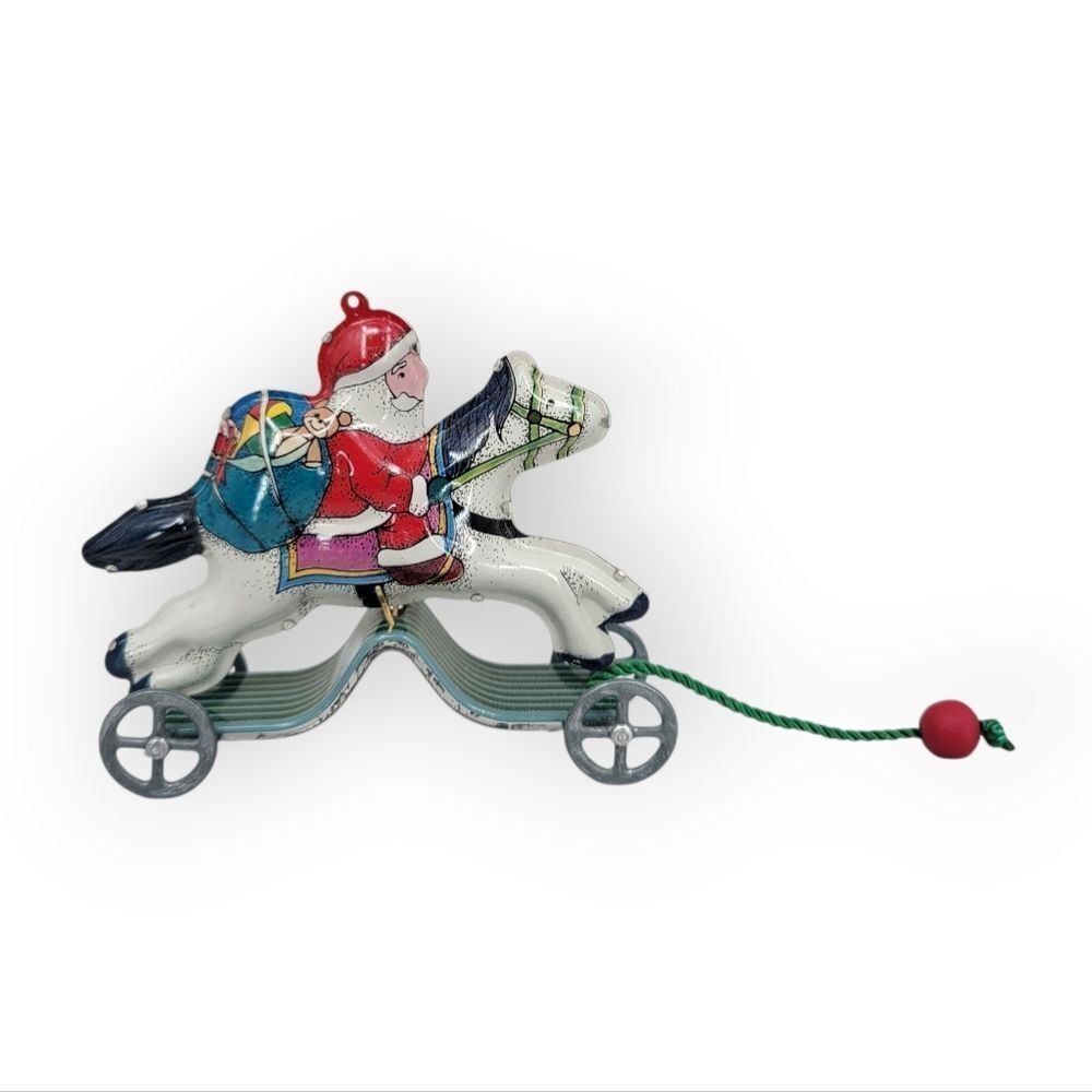 Hallmark Vintage Tin Toy Ornament Galloping Into Christmas Santa Toy Pull Horse